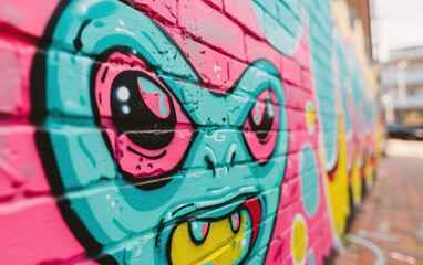 Vibrant street art mural of a colorful, expressive monster face painted on a brick wall. Urban graffiti scene with bold pink, blue, and yellow accents.