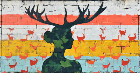 Street art depicting a silhouette with antlers against a colorful striped brick wall with small deer figures. Urban creativity and vibrant mural.