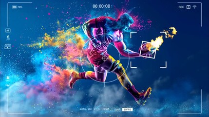 Futuristic Rugby Player Charging Forward in colorful abstract explosion. Seamless looping time-lapse 4k video animation background - Powered by Adobe