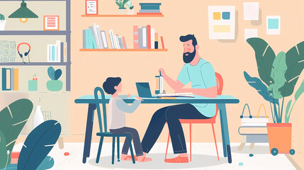 Flat Illustration Father Homeschooling Child, Colorful Scene