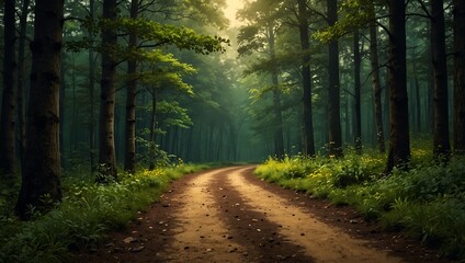 Fototapeta premium Forest path with a green to yellow gradient background.