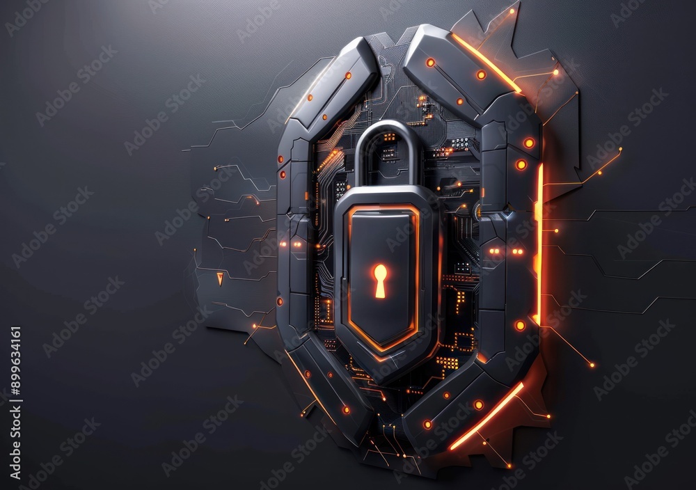 Poster a futuristic shield with a glowing keyhole symbolizing digital security