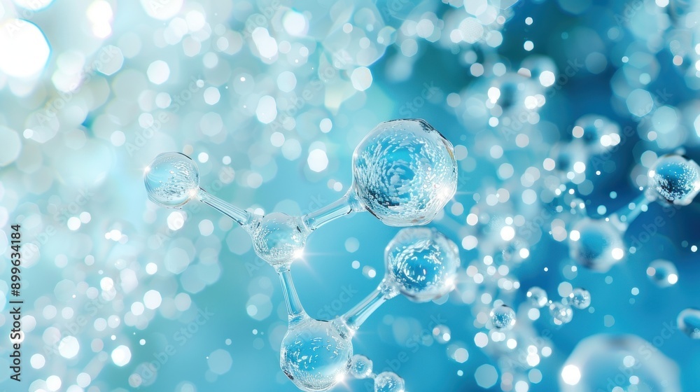 Poster a molecule of water suspended in a blue liquid with sparkling lights in the background