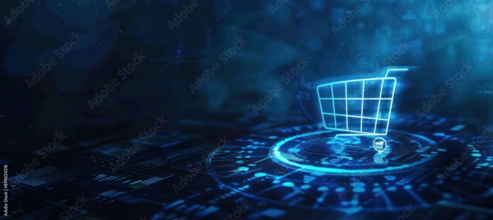 Poster a glowing shopping cart icon on a dark futuristic technological background