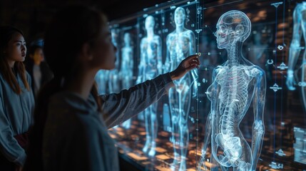 Woman Interacts With Interactive Human Anatomy Display