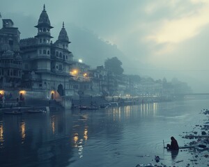 Naklejka premium Tranquil Pilgrimage: Sacred River Bathing for Purification and Devotion