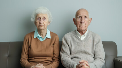 Senior Couple in Emotional Turmoil An elderly couple sitting side by side with solemn expressions capturing the struggles and emotional challenges of marital issues in later years wallpaper brainstorm