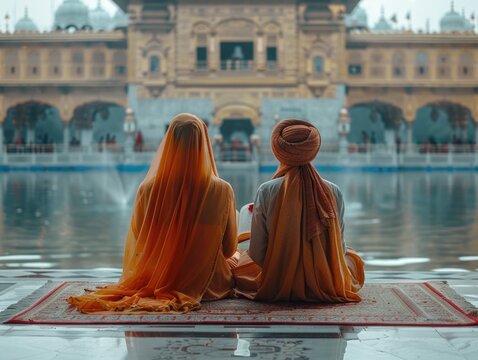 Devotion and Unity: Sikh Couple Reading from Guru Granth Sahib in Gurdwara
