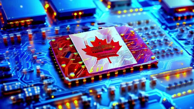 Canadian flag integrated in technology circuit board, modern tech innovation, national digital identity, futuristic chip design, high-tech electronics, Canada tech industry, computing future

