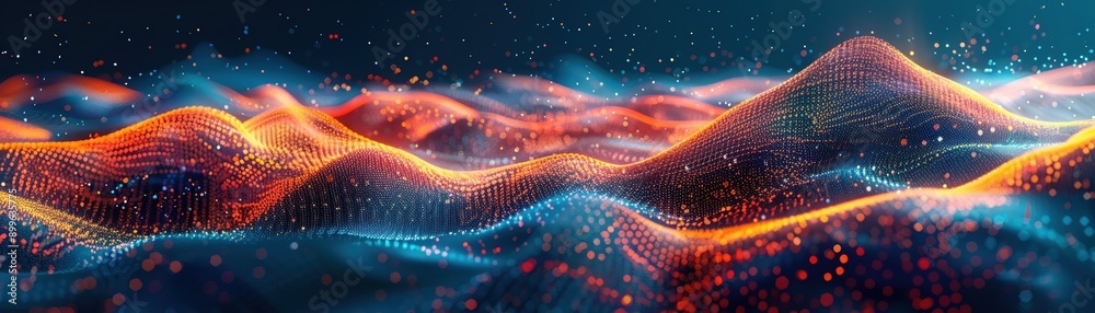 Poster futuristic digital landscape with glowing grid structures and abstract waves, representing technolog