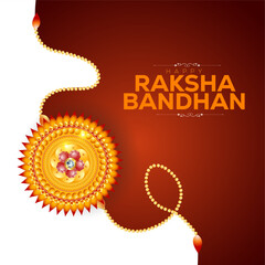  A dark red background with a white vertical stripe on the left In the center is a Rakhi with a golden circular design, red and pink stones and a golden chain with small beads