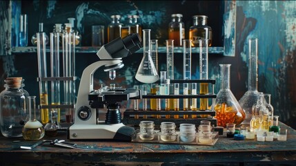 A Detailed Look at a Laboratory Setup with a Microscope and Multiple Glassware Containing Liquids for Scientific Research or Experimentation