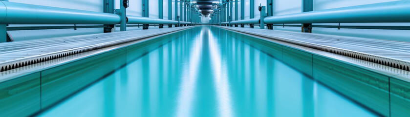 Obraz premium Long view of a futuristic tunnel with blue lighting and reflective surfaces. Industrial and modern architecture with symmetrical design.