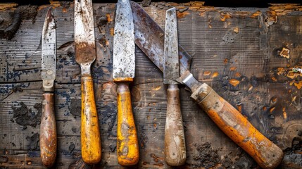A collection of vintage woodworking tools, showcasing their unique designs and weathered wooden handles on a textured wooden background.