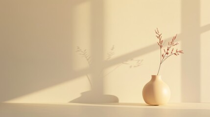 A single vase with dried flowers sits on a window sill, bathed in warm sunlight.  The shadows create a minimalist, serene aesthetic.