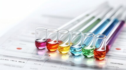 Test tubes on graph printouts, data analysis concept