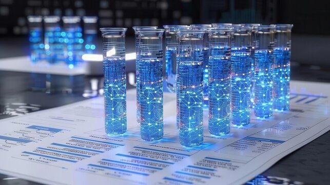 Test tubes on paper with research graphs, experimental study