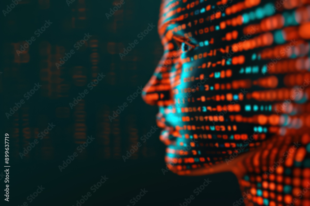 Aufkleber side profile of a human face illuminated by dynamic and colorful binary code, symbolizing artificial