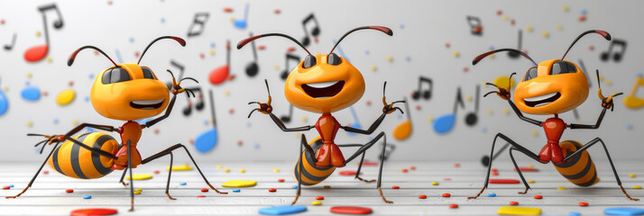 Dancing Cartoon Ants Enjoying a Colorful Party With Musical Notes in the Background