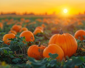 Vibrant Orange Pumpkins Scattered Across Autumn Pumpkin Patch at Sunset