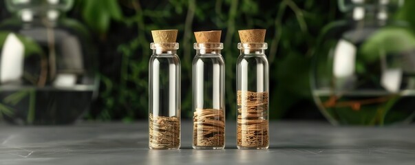 Test tubes with tree bark samples, set against a backdrop of a dense forest