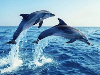 Fototapeta premium Pair of Leaping Dolphins Performing Synchronized Mid Air Acrobatics in the Sparkling Ocean with Clear Blue Sky