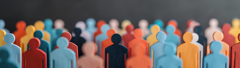 Diverse group of colorful paper cutout people figures standing in rows, symbolizing community, teamwork, and social connection.