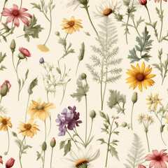 Watercolor Seamless Pattern with Wildflowers..