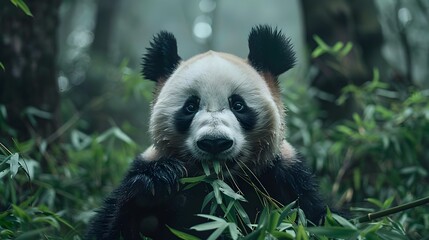 Adorable Panda Chewing Bamboo in Lush Green Forest Habitat