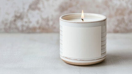 Minimalist candle in stylish white ceramic holder with soothing flame, perfect for relaxation and home decor. Cozy and serene ambiance.