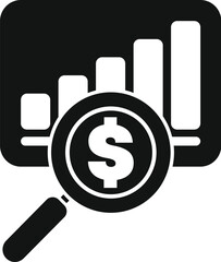 Magnifying glass focusing on dollar sign over growing bar chart symbolizing financial analysis