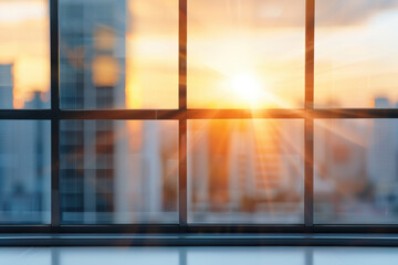 Sunlight streams through a window, illuminating a modern cityscape with high-rise buildings at sunset, creating a warm and tranquil urban scene.