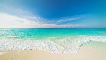 Obraz premium Beautiful tropical summer beach, top view of white sand and blue sea waves, nature background, vacation in paradise concept for tourism, vivid colorful.