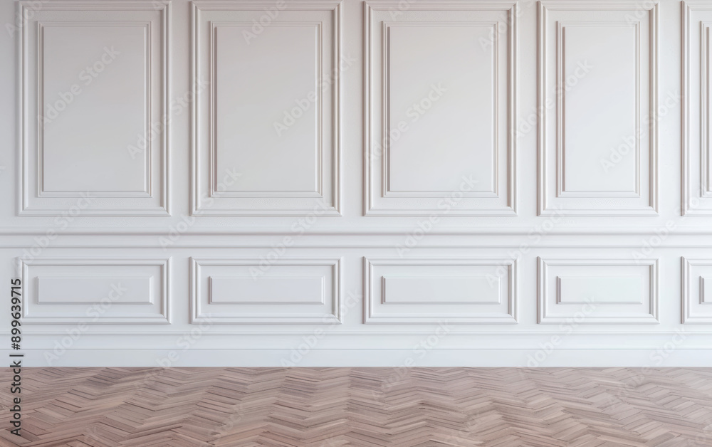 Wall mural elegant white paneled wall with herringbone wooden floor. ideal for interior design, home decor, and