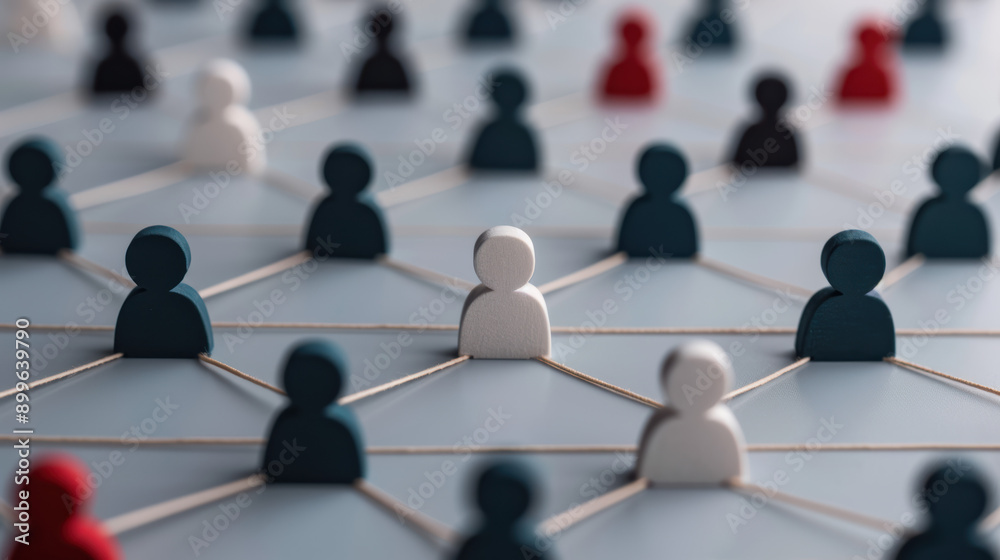 Poster network of miniature figures connected by strings, symbolizing social connections and communication 