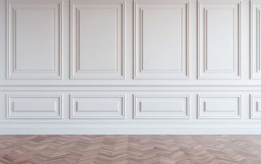 Elegant white paneled wall with herringbone wooden floor. Ideal for interior design, home decor, and architectural backgrounds.