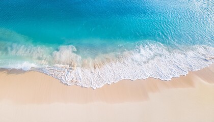 Beautiful tropical summer beach, top view of white sand and blue sea waves, nature background, vacation in paradise concept for tourism, vivid colorful.