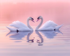 Obraz premium Gracefully Swans Swimming in Serene Pastel Hued Lake at Sunset with Tranquil Reflection
