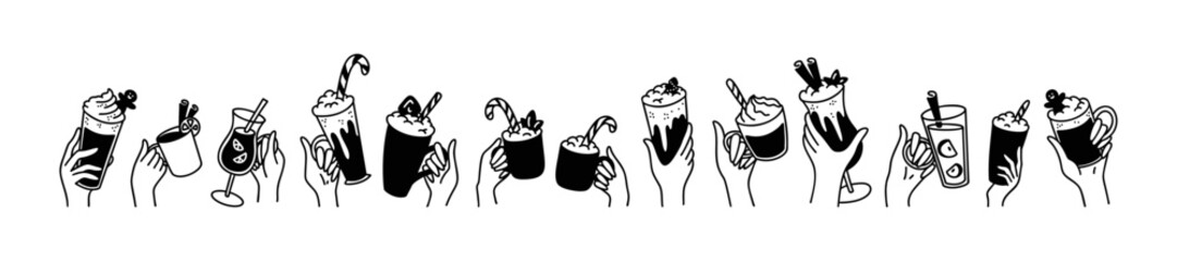 Hands up with hot Christmas drinks. Cute line doodle icon set. Celebration background. Pumpkin spice latte, hot wine, warm cocktails, marshmallow chocolate. New year party