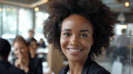 Fototapeta premium A close-up portrait of a happy, smiling, and confident African-American businesswoman leader proudly looking at the camera with a team of company employees talking in the background in the office. 