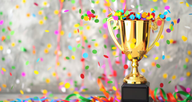 Golden trophy with colorful confetti and streamers against a gray background, symbolizing celebration and victory.
