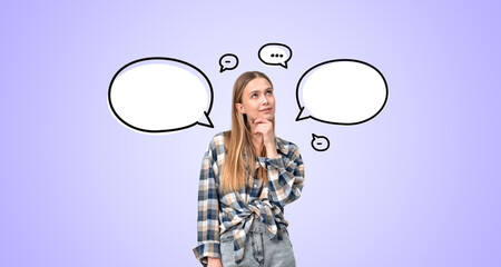 Thoughtful woman with speech bubbles on a purple background.