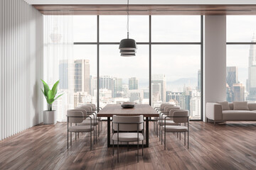 Wooden home living room interior with dining and relaxing zone, window