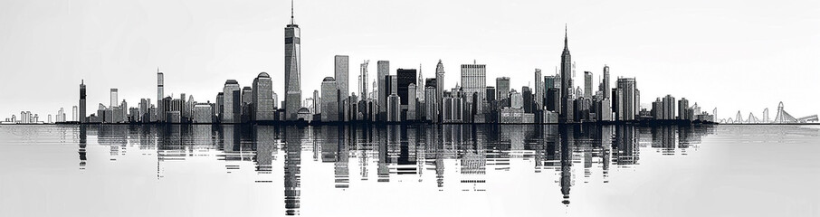 Fototapeta premium wide cover image of black and white city skyscrapers facade with reflection on water front 