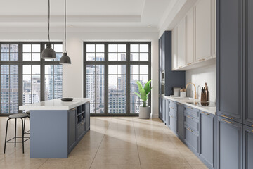 White and blue home kitchen interior with bar island and cabinet, window