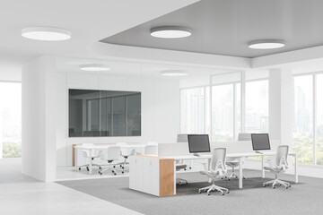 Corner view of white office interior with coworking and conference room, pc computers on desks and armchairs in row. Panoramic window on Bangkok skyscrapers. 3D rendering
