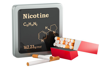 Cigarette pack with nicotine icon. 3D rendering isolated on transparent background