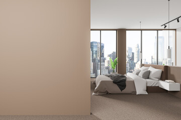Bedroom with a blank wall and city view through large windows. 3D Rendering