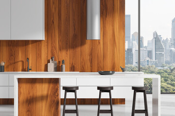 Home kitchen interior with bar island and cooking cabinet, panoramic window
