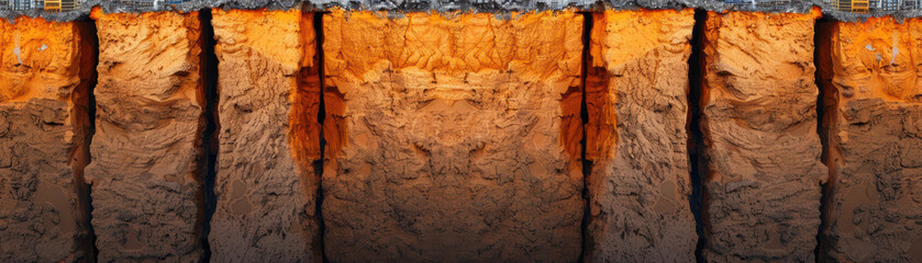 Fototapeta premium Panoramic view of a large open-pit mine, showcasing stratified layers of earth and sediment with excavation machinery visible at the top.